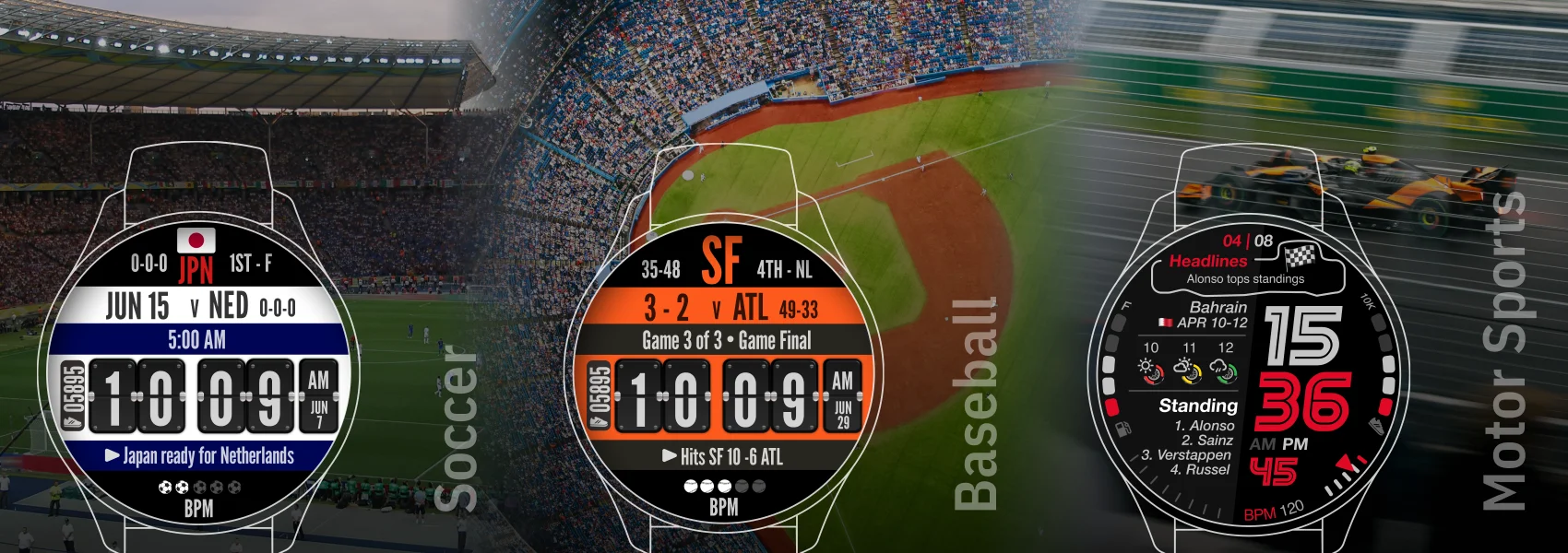 Soccer, baseball and F1 watch faces